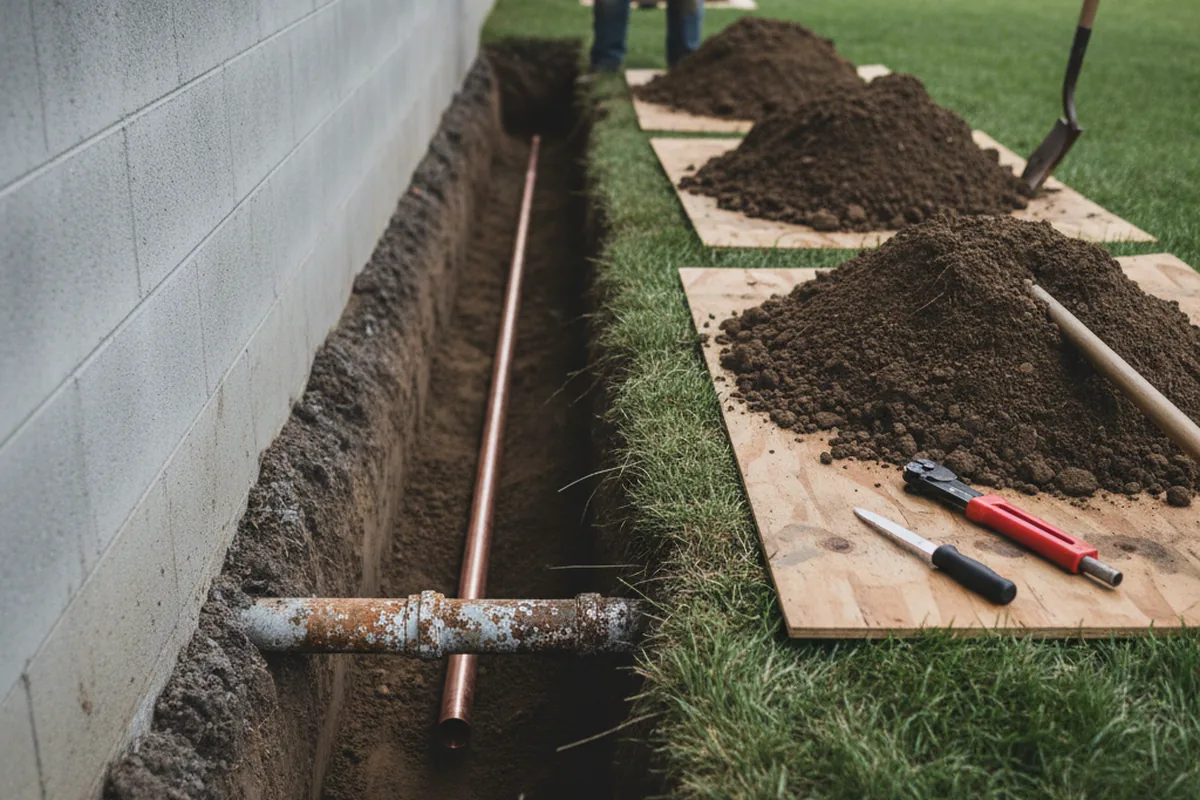 Excavated water line trench during Sewer Line Repair in Greenwich